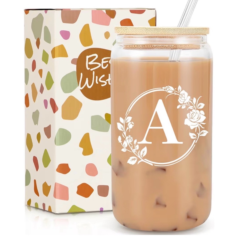 Personalized Floral Initial Glass Tumbler